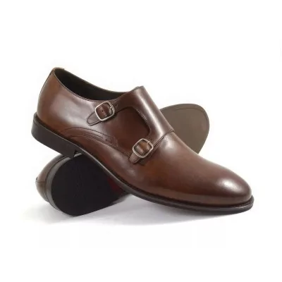 Eleganckie orzechowe skórzane monki double monk z podwójną klamrą i gładkim noskiem